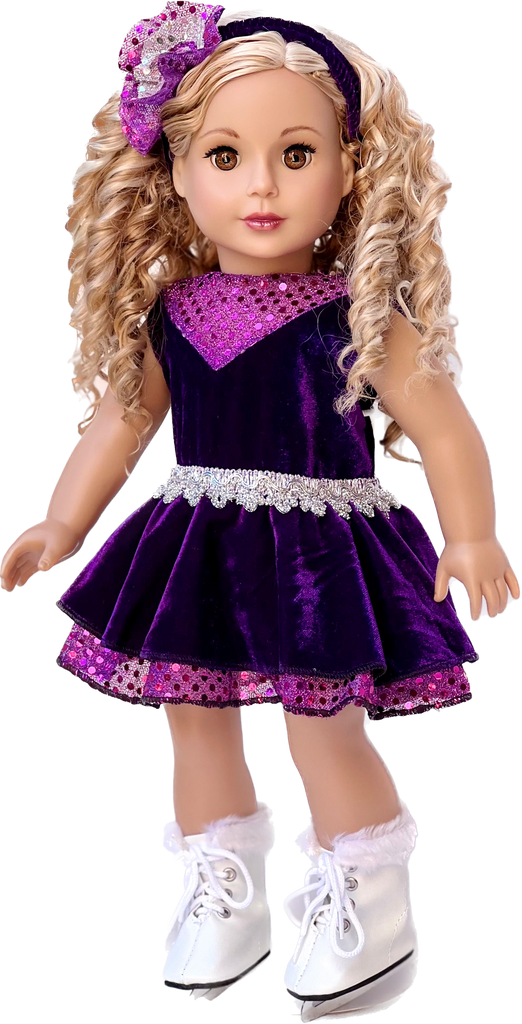 Ice Skating Queen - Clothes for 18 inch Doll - Purple Leotard with Ruffle Skirt, Decorative Headband and White Skates