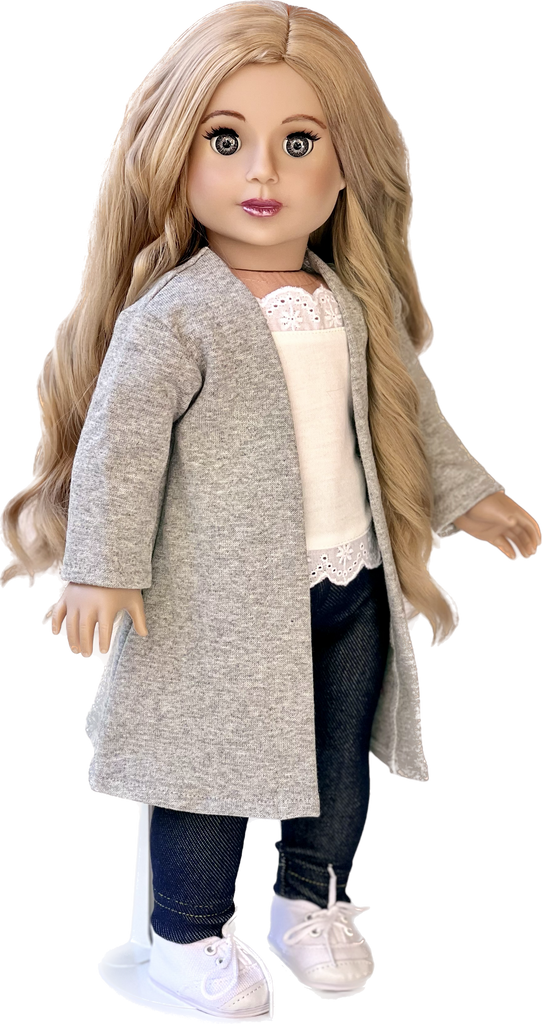 Comfy Chic - 4 Piece Outfit for 18 Inch Doll - White Tank Top, Leggings, Gray Long Sweater and White Sneakers - 18 Inch Doll Clothes ( Doll Not Included)