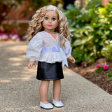 Rebel Glam - 4 Piece Outfit for 18 Inch Doll - Ivory Blouse, Black Leather Skirt, White Shoes and Silver Necklace - 18 Inch Doll Clothes ( Doll Not Included)