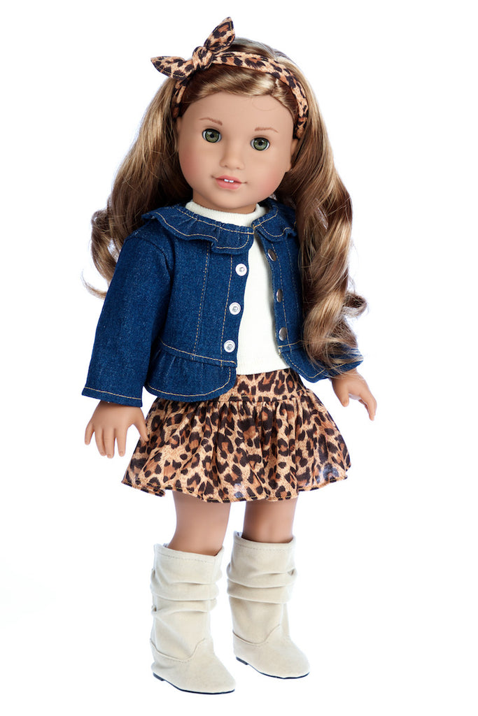 Adventure - Clothes for 18 inch Doll - 5 Piece Outfit - Jeans jacket, Ivory  Tank Top, Skirt, Scarf and Boots