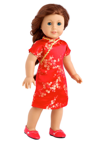 Holiday Spirit - Clothes for 18 inch Doll - Holiday Red Taffeta Party Dress with Red Shoes and Headband