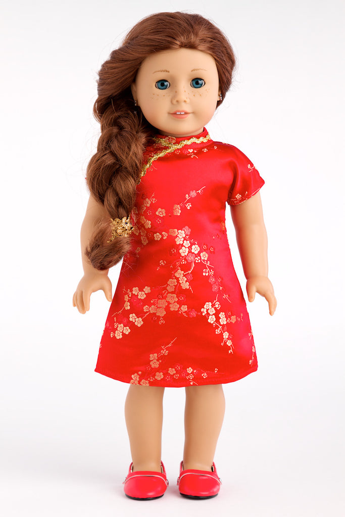 Asian Beauty - Clothes for 18 inch Doll - Asian Red and Gold Traditional Dress with Golden Shoes