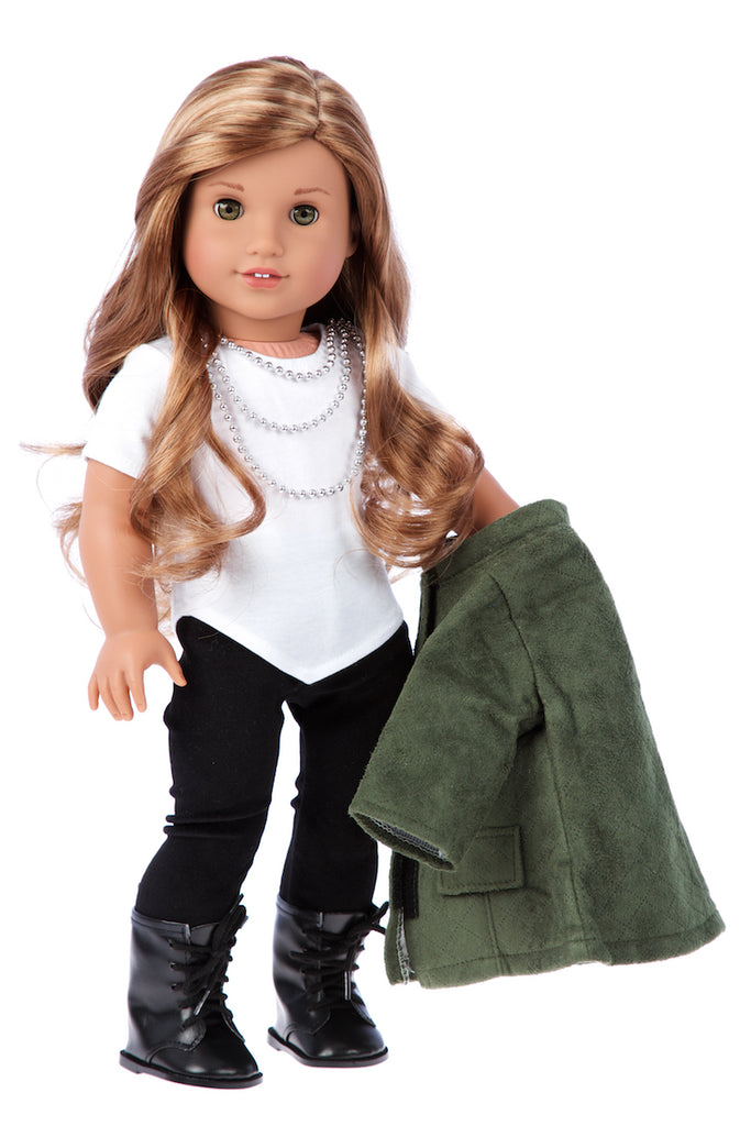 Autumn Stroll - 4 Piece Doll Outfit - Green Coat, White Blouse, Black Velvet Leggings, Black Boots