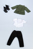 Autumn Stroll - 4 Piece Doll Outfit - Green Coat, White Blouse, Black Velvet Leggings, Black Boots