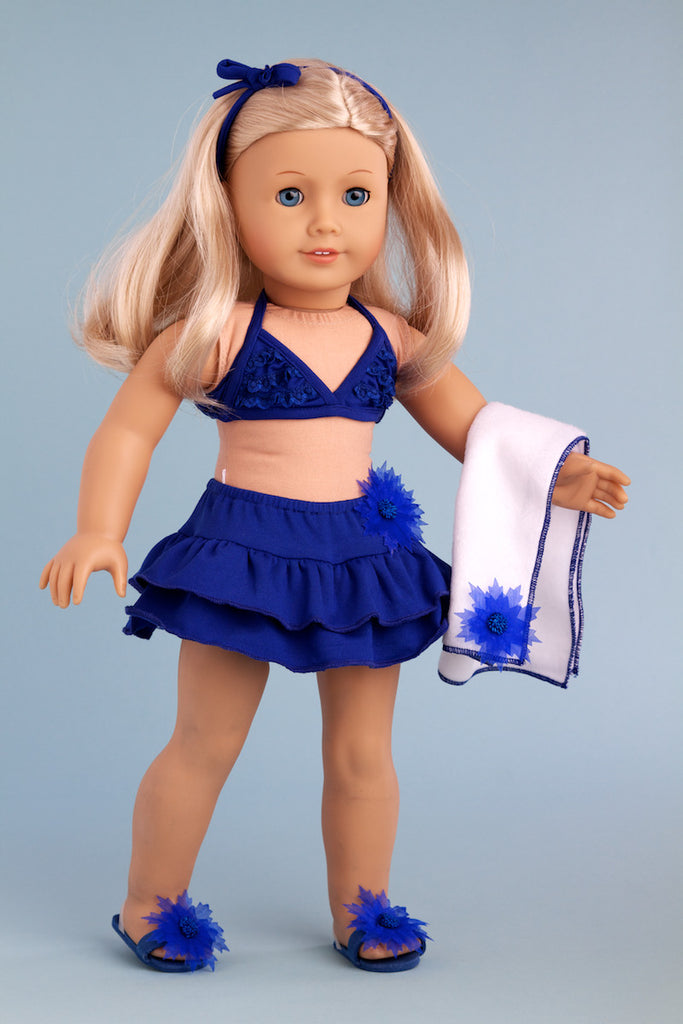 Bikini Mini - Clothes for 18 inch Doll - 4 Piece Swimsuit Outfit - Skirt, Top, matching Flip Flops and Beach Towel