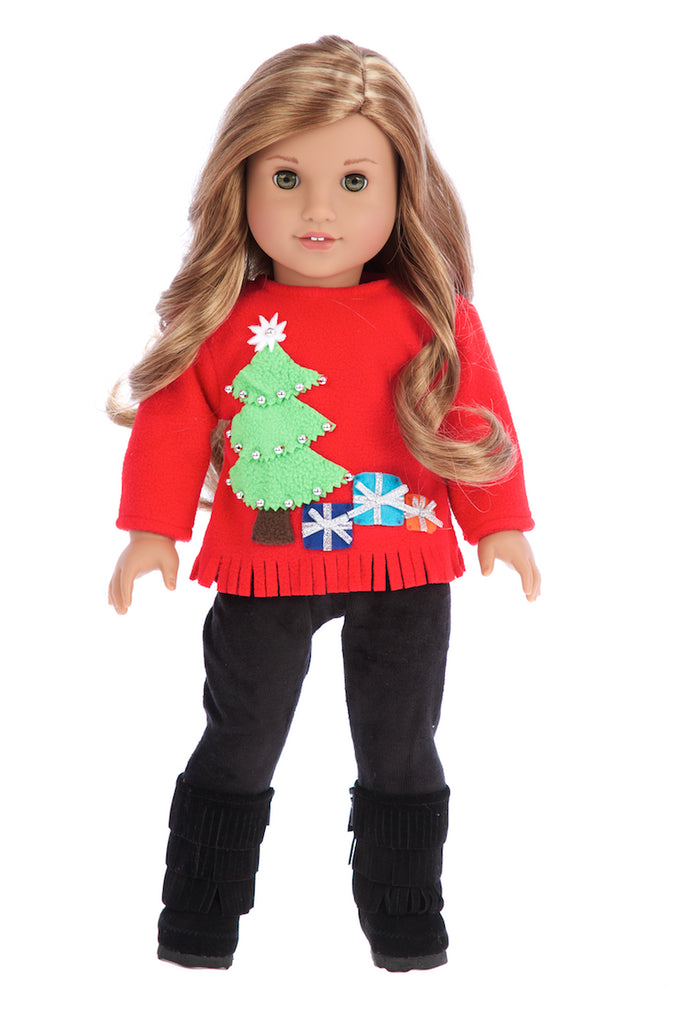 Christmas Sweater - Doll Clothes for 18 inch Dolls - 3 Piece Doll Outfit - Red Sweater, Black Pants and Boots