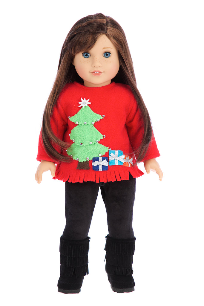 Christmas Sweater - Doll Clothes for 18 inch Dolls - 3 Piece Doll Outfit - Red Sweater, Black Pants and Boots
