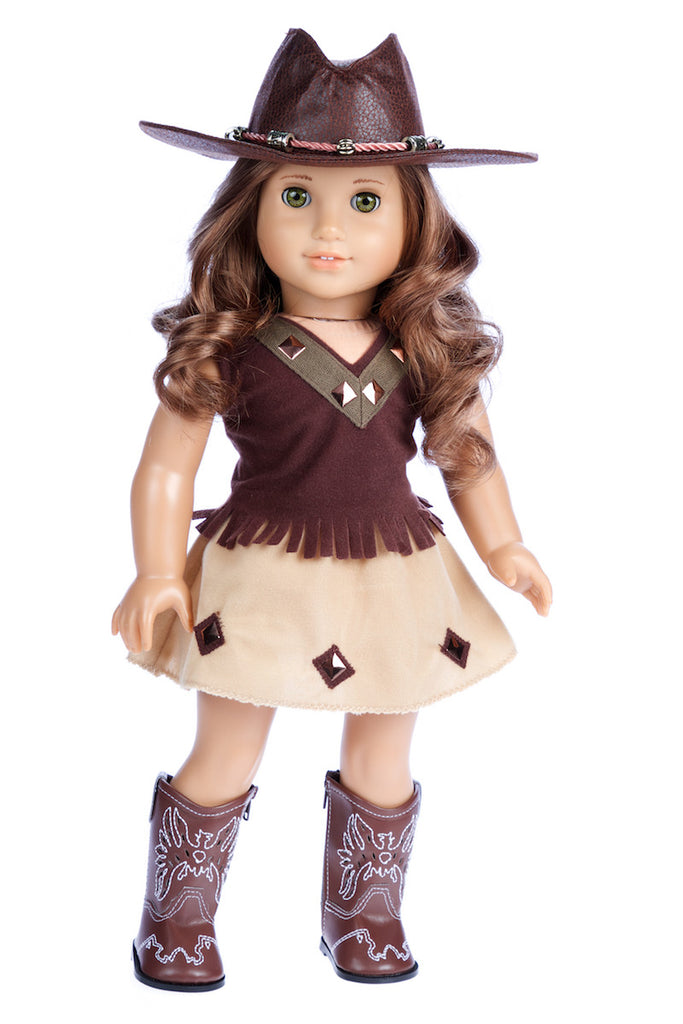 Cowgirl - Clothes for 18 inch Doll - 4 Piece Outfit - Cowgirl Hat, Skirt, Top and Cowgirl boots