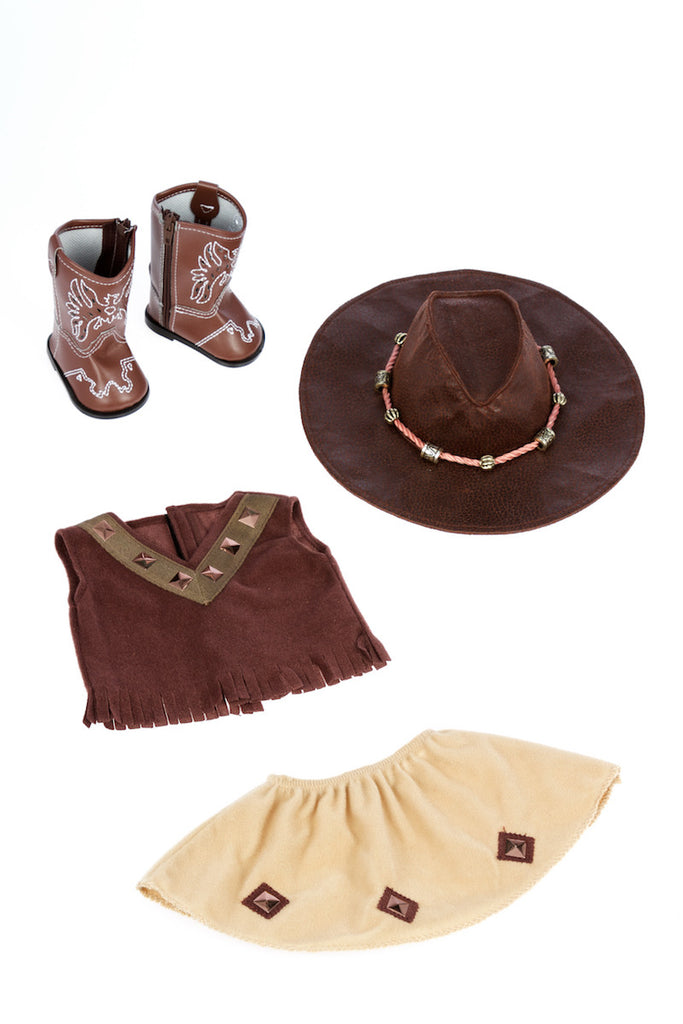 Cowgirl 4 Piece Outfit Cowgirl Hat Skirt Top and Cowgirl Boots 18 inch D