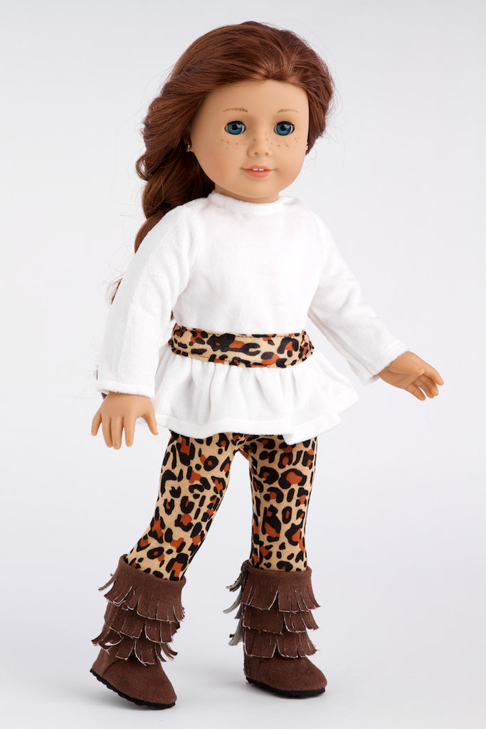 Fashion Safari - Clothes for 18 inch Doll - Ivory Velvet Tunic with Cheetah Leggings and Fringed Boots