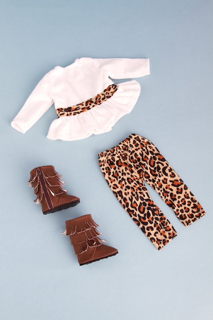 Fashion Safari - Clothes for 18 inch Doll - Ivory Velvet Tunic with Cheetah Leggings and Fringed Boots