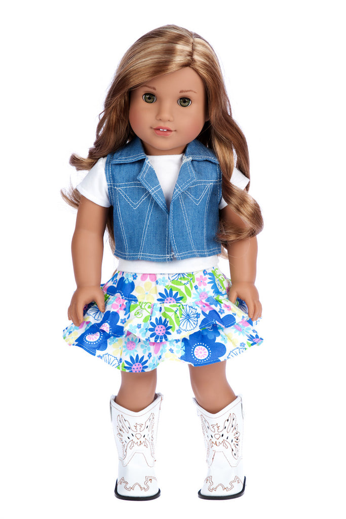 Feeling Happy - Western Doll Clothes for American Girl Doll - Colorful Skirt, White T-Shirt, Blue Jeans Vest, White Cowgirl Boots