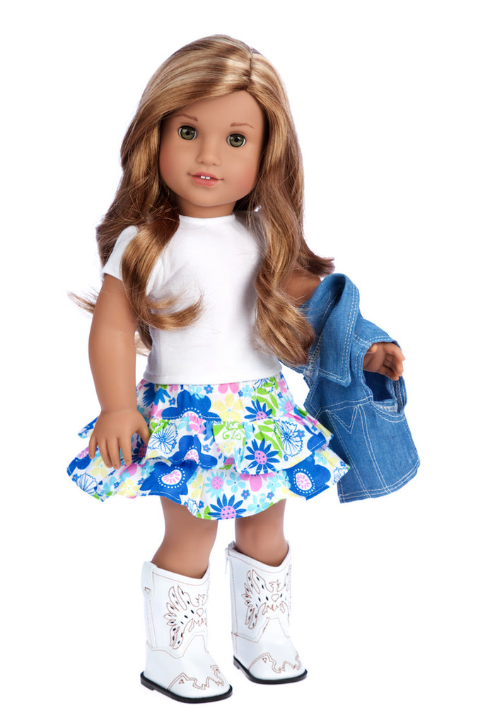 Feeling Happy - Western Doll Clothes for American Girl Doll - Colorful Skirt, White T-Shirt, Blue Jeans Vest, White Cowgirl Boots