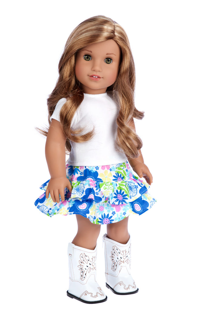 Feeling Happy - Western Doll Clothes for American Girl Doll - Colorful Skirt, White T-Shirt, Blue Jeans Vest, White Cowgirl Boots