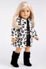 Glamour Girl - Clothes for 18 inch Doll - Snow Leopard Faux Fur Coat with Black Velvet Dress and Boots