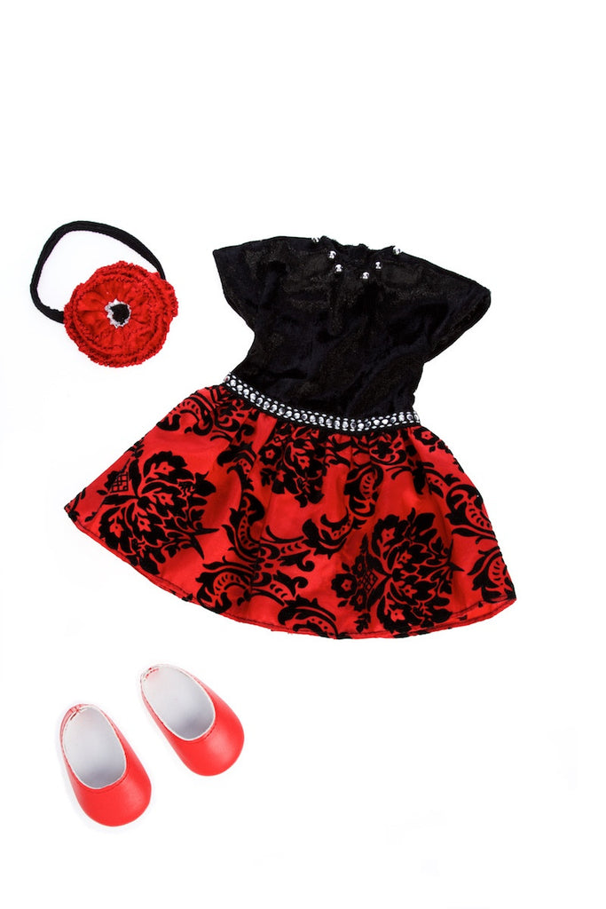 Holiday Spirit - Clothes for 18 inch Doll - Holiday Red Taffeta Party Dress with Red Shoes and Headband