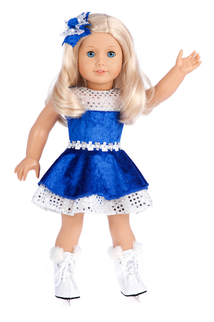 Ice Dancer - Clothes for 18 inch Dolls - Blue Leotard with Double Blue and Silver Ruffle Skirt, Decorative Head Flower, White Skates