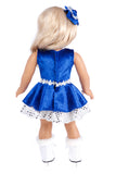 Ice Dancer - Clothes for 18 inch Dolls - Blue Leotard with Double Blue and Silver Ruffle Skirt, Decorative Head Flower, White Skates