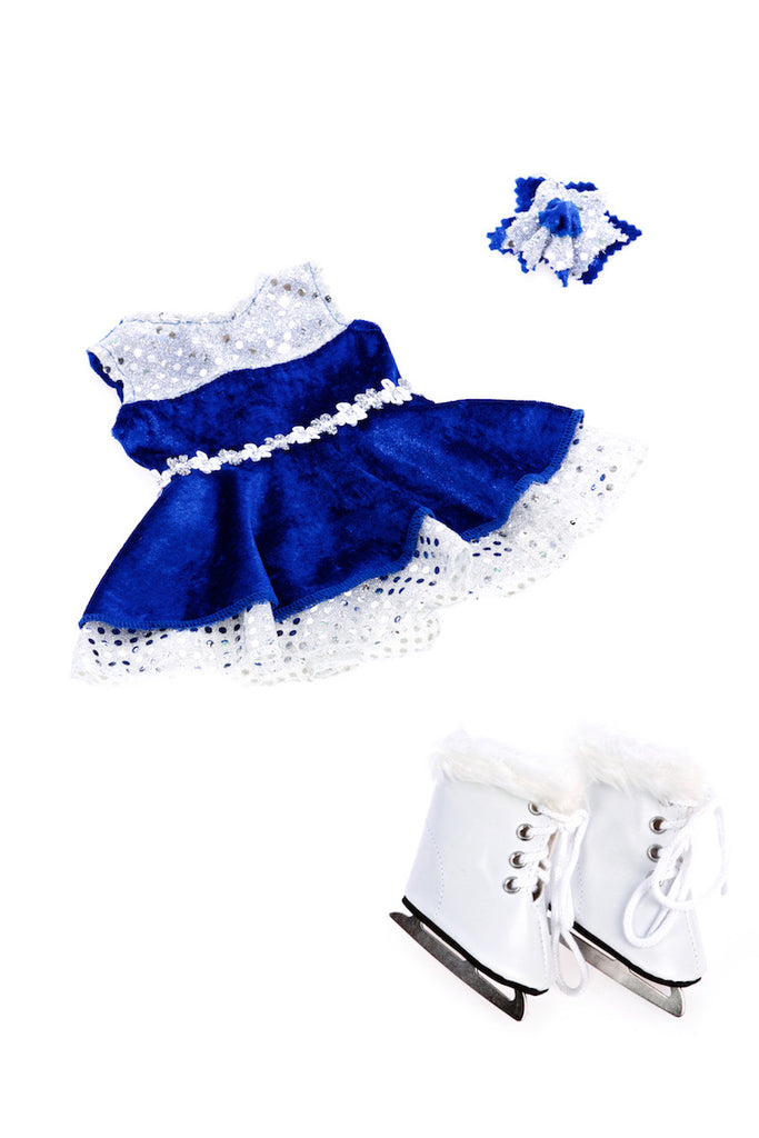 Ice Dancer - Clothes for 18 inch Dolls - Blue Leotard with Double Blue and Silver Ruffle Skirt, Decorative Head Flower, White Skates