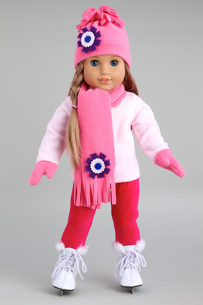 Ice Skating Fun - Clothes for 18 inch Doll - 6 Piece Gift Set - Pink Fleece Blouse with Stretchy Leggings, Hat, Scarf, Mittens and White Ice Skates