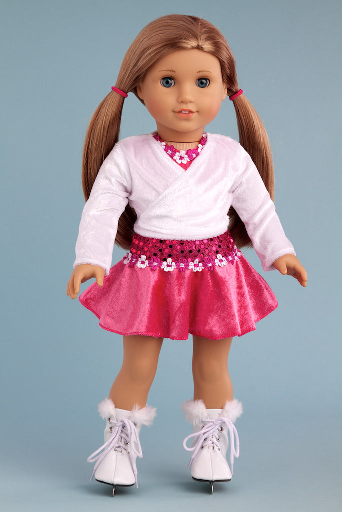 Ice Skating Girl - Clothes for 18 inch Doll - 2 in 1 Set - Hot Pink Leotard with Skirt, Ivory Warm Up Sweater and a Pair of White Ice Skates