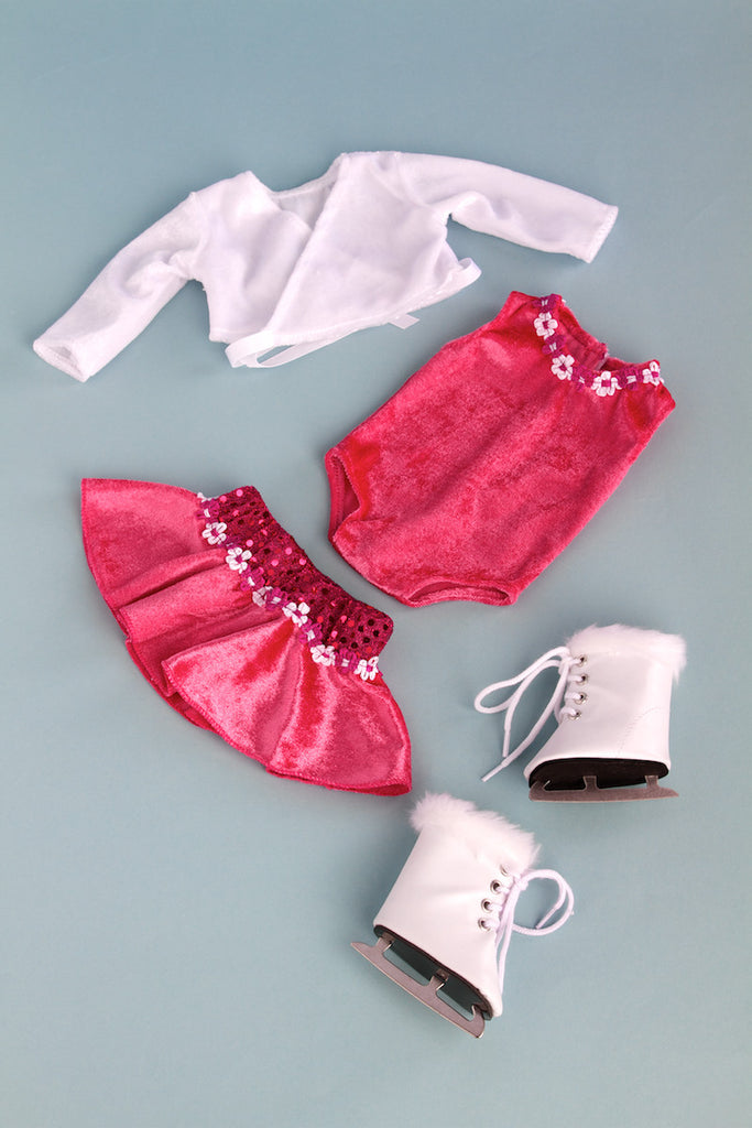 Ice Skating Girl - Clothes for 18 inch Doll - 2 in 1 Set - Hot Pink Leotard with Skirt, Ivory Warm Up Sweater and a Pair of White Ice Skates