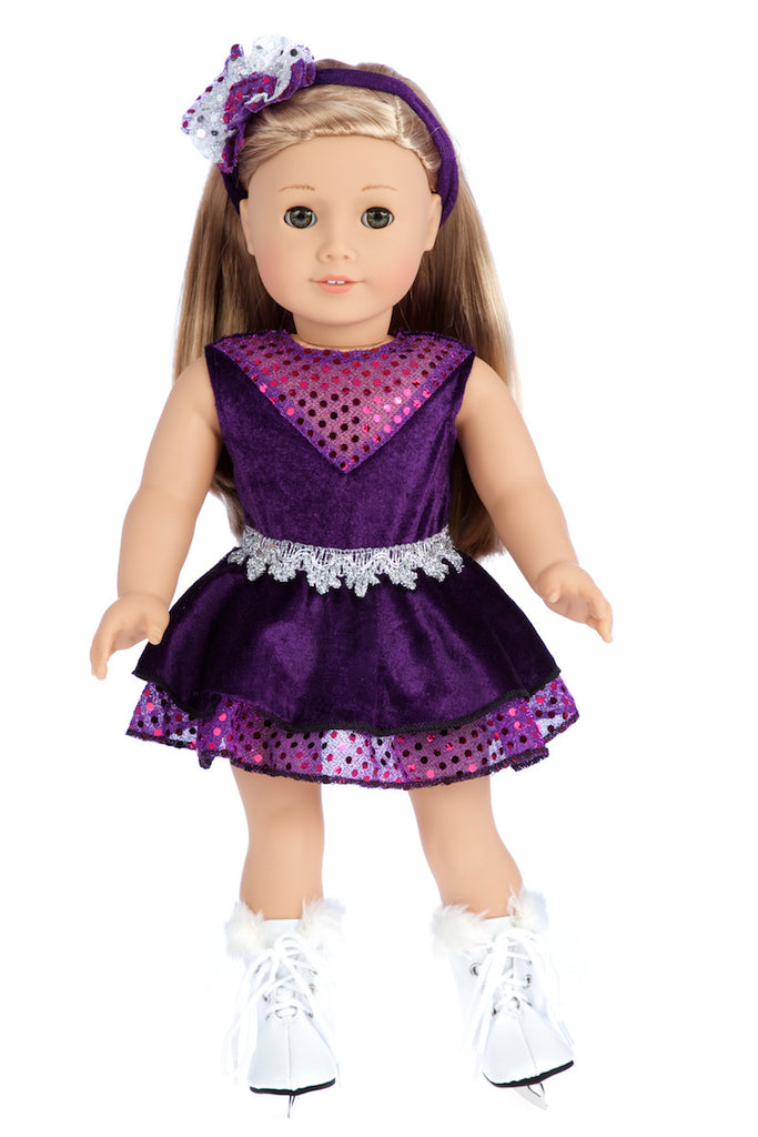 Ice Skating Queen - Clothes for 18 inch Doll - Purple Leotard with Ruffle Skirt, Decorative Headband and White Skates