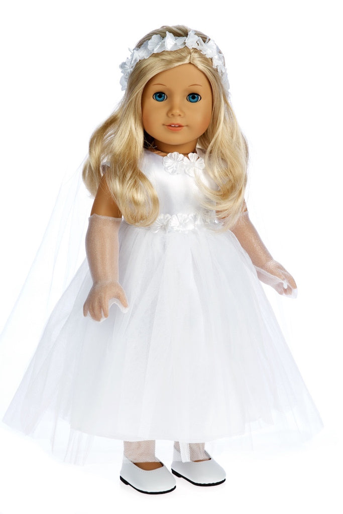 Little Angel - Clothes for 18 inch Doll - White Satin Communion Dress with Veil and Long Gloves and White Shoes