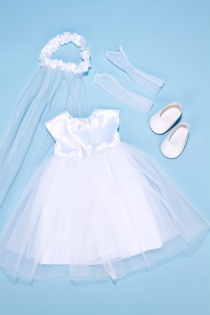 Little Angel - Clothes for 18 inch Doll - White Satin Communion Dress with Veil and Long Gloves and White Shoes