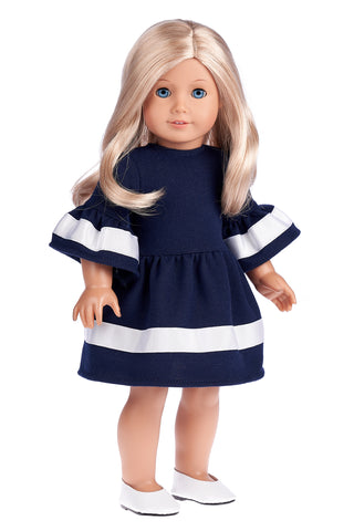 Stylish - 3 Piece Doll Outfit for 18 inch American Girl Doll - Blue Tunic, Leggings and White Cowboy Boots.