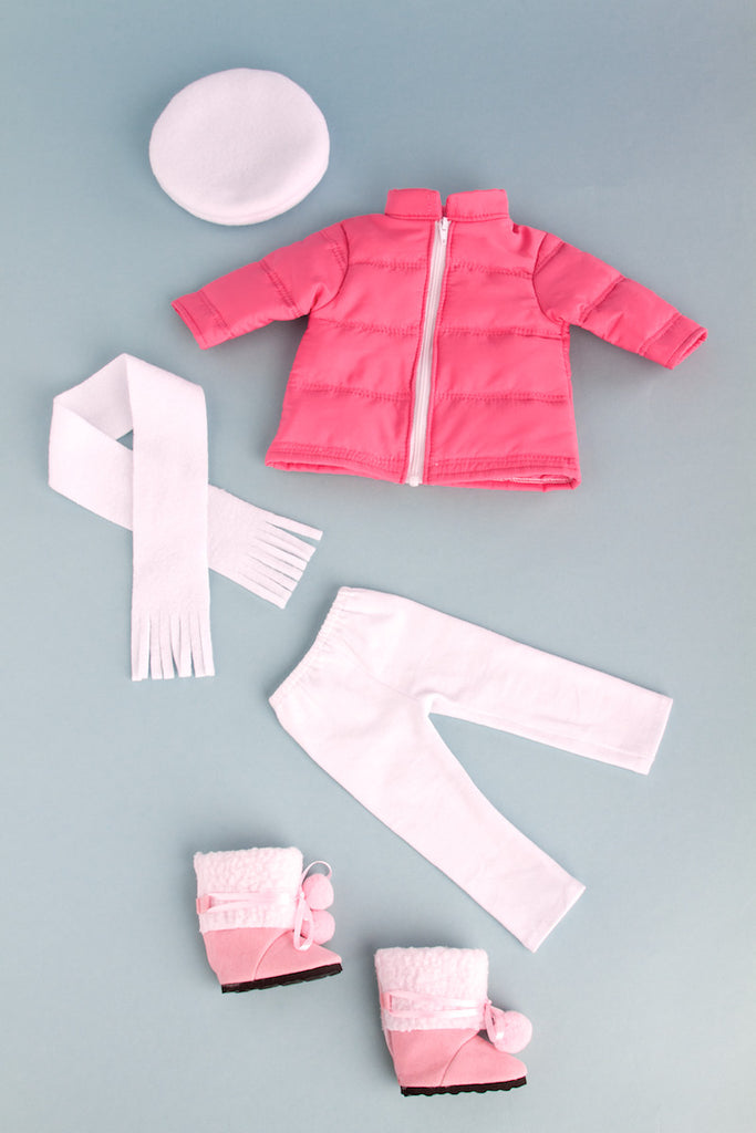 Parisian Adventure - Clothes for 18 inch Doll - Stylish Pink Coat, White Beret, Scarf and Leggings with Pink Boots