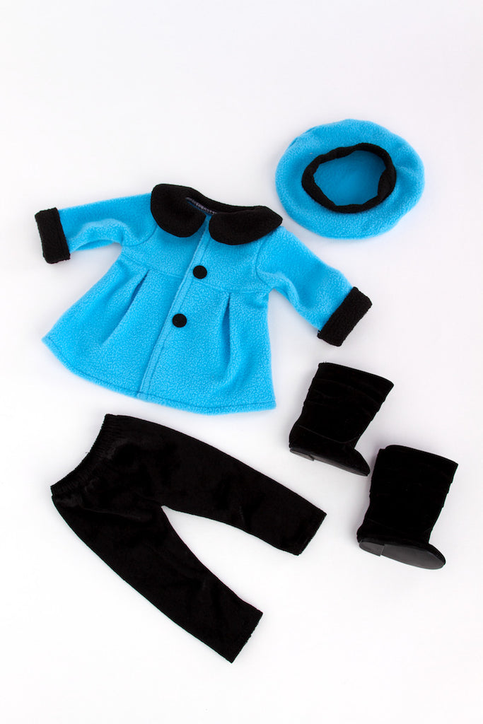 Parisian Stroll - Clothes for 18 inch Doll - Blue Fleece Coat with matching Beret, Black Leggings and Boots