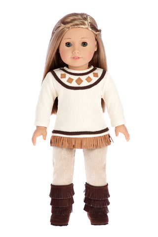 Warm and Cozy - Doll Clothes for 18 inch Dolls - 4 Piece Doll Outfit - Brown Vest, Ivory Blouse, Corduroy Pants and Brown Boots