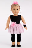 Show Time - Ballet Outfit for 18 inch Doll - Black Unitard, Pink Tutu Skirt, Slippers, Corsage, Hair Piece and Wristband