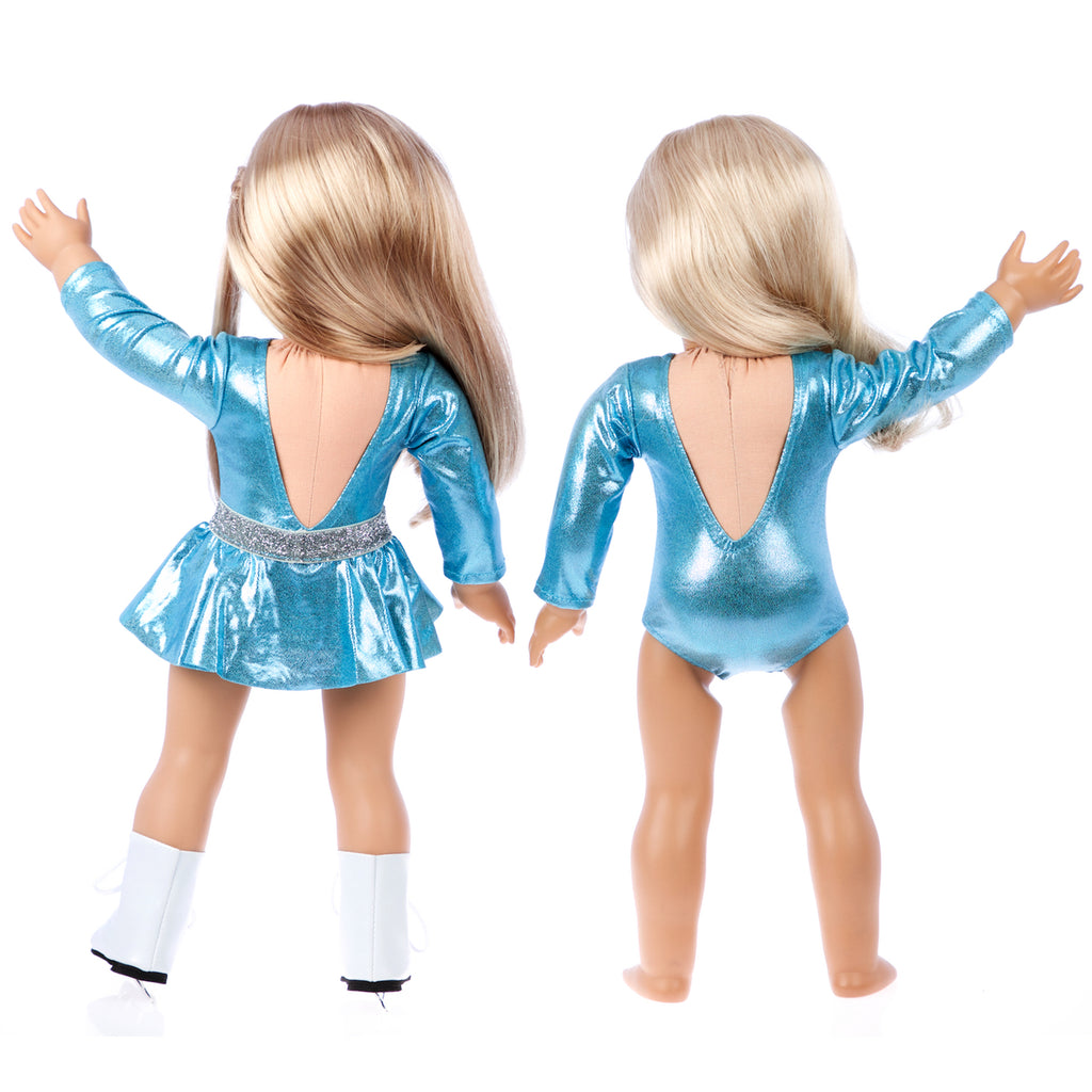 Super Skater - 2 Complete Ice Skating Doll Outfits for 18 inch Dolls - 5 Pieces - Leotard, Skirt, Pants, Jacket, White Skates
