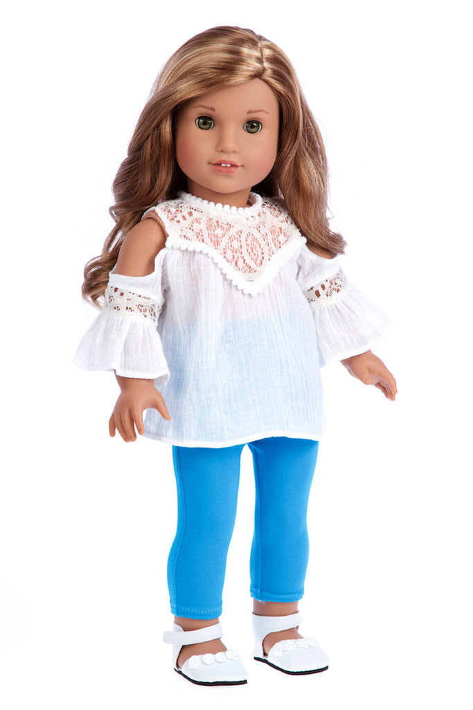 Trendy Girl - 3 Piece Doll Outfit - White Cotton Blouse, Turquoise Leggings and White Shoes