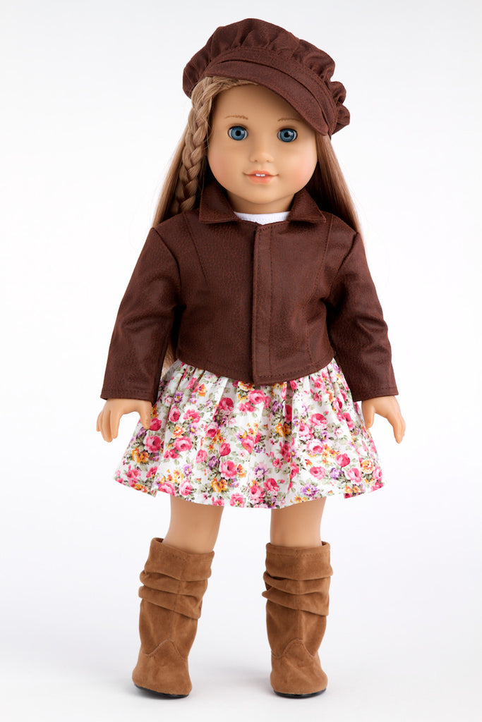 Urban Explorer - Clothes for 18 inch Doll - Brown Motorcycle Jacket, Paperboy Hat, Dress and Boots